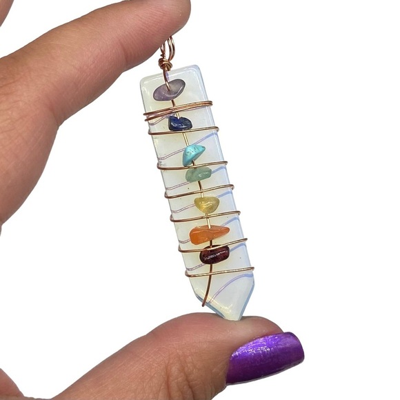 Opalite Copper Wire Wrapped Necklace Pendant Crystal 7 Chakra Chakras Stone - Picture 3 of 3